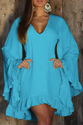 Sexy Solid Flounce V Neck Irregular Dress Dresses
